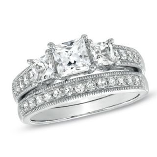 Princess Cut Lab Created White Sapphire Three Stone Ring Set in