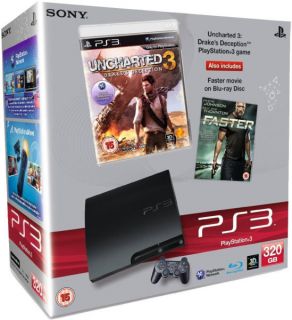 Playstation 3 PS3 Slim 320GB Console Bundle (Includes Uncharted 3 and Faster on Blu ray)      Games Consoles