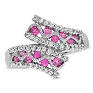 Pink Sapphire and 3/8 CT. T.W. Diamond Bypass Ring in Sterling Silver