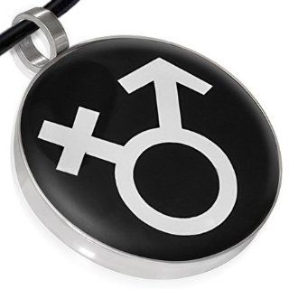 Transgender   Male & Female Symbols on Black Disc   LGBT Bisexual, and Transgender Pride Pendant w/ PVC Rope Chain. Transgender Pride Pendant. One Transgender Male Female Necklace & Chain. Rainbow Pride Jewelry is Great for the Gay parade, as a Les