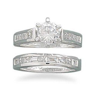 Set of Two 6.5mm Round Cz With Baguettes Ring / Size 9 Jewelry