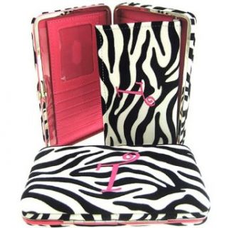 Hot Pink Initial " T " Zebra Print Soft Velvet Stripes Thick 1" Flat Wallet
