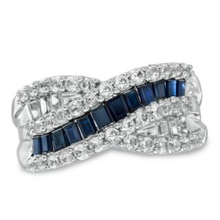Lab Created White and Ceylon Sapphire Crossover Band in Sterling