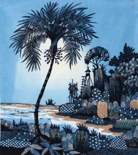 Original Batik Art Painting on Cotton Fabric, 'Village Scenery' by Hamidi (45cm x 50cm)   Mixed Media Paintings