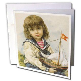 gc_104679_1 Dooni Designs Vintage Designs   Vintage Victorian Child Holding Toy Sailboat Antique Illustration   Greeting Cards 6 Greeting Cards with envelopes  Blank Greeting Cards 