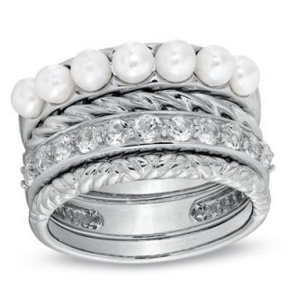 Cultured Freshwater Pearl and White Topaz Four Piece Stack Ring in