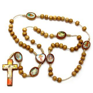 Light Brown Wooden Bead Rosary With Seven Saint Picture Beads 6mm x 6mm   24 inch Necklace   7 inch Drop Length Chain Necklaces Jewelry