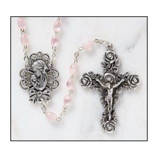 Womens Mother's Rosary. Material Glass 7mm Oval Bead Size 19 1?4" L, 2" Crucifix. Our Mother's Rosary Is the Perfect Devotional Gift for Any Mother or Expectant Mother. Each Is Durably Crafted of Pink, Imitation MOP (Mother of Pearl) Gl