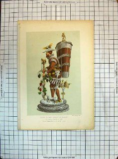 Antique Colour Print Surtout Table Servant Drageoir Man Carrying Bucket  