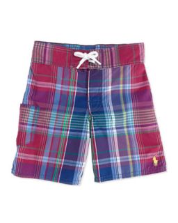 Tulum Plaid Swim Trunks, Red, Boys 4 7   Ralph Lauren Childrenswear