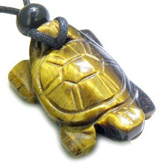 Amulet Lucky Charm Turtle Tiger Eye Gemstone Healing and Protection Powers Hand Carved Pendant on Adjustable Cord Necklace Best Amulets Jewelry