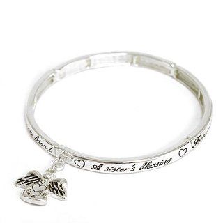 Inspirational Stretch Bracelet; 2.75"Diameter; Silver Tone Metal; Angel Charm; " A sister's blessing, Forever in my thoughts because you are my sister; forever in my heart because you are my friend"; Jewelry