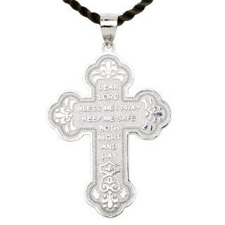 14K White Gold Cross With Keep Safe Prayer Wording Inscribed "Dear Lord Bless Me I Pray, Keep Me Safe Both Night And Day" Jewelry