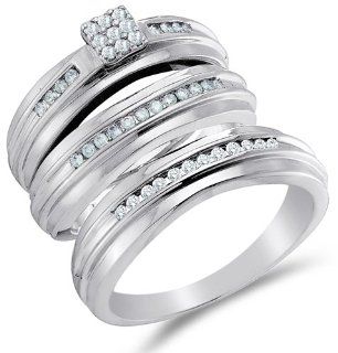 14K White Gold Diamond Mens and Ladies Couple His & Hers Trio 3 Three Ring Bridal Matching Engagement Wedding Ring Band Set   Square Princess Shape Center Setting w/ Pave Channel Set Round Diamonds   (2/5 cttw)   SEE "PRODUCT DESCRIPTION" TO 