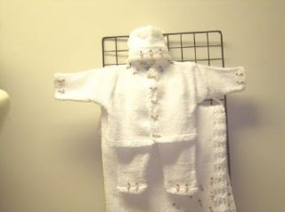 Cpk83wbk, Knitted on Hand Knitting Machine Then Finished By Hand Crochet Infant Girls Outfit, Containing White Chenille Cardigan Sweater, Pant, Hat Set with Matching Blanket Trimmed with Mini Rosebuds. Infant And Toddler Layette Sets Clothing