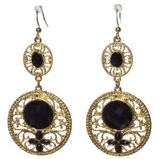 Designer Inspired 3" Gold Tone Earring with Faceted Oval and Round Black Stones, and Smooth Marquise Black Stones Set in a Filigree Design. Jewelry