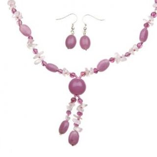 Pink Glass and Rose Quartz Bead Necklace and Earring Set Jewelry Sets Clothing