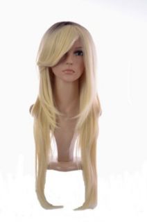 Bleach Blonde Long Straight Cosplay Wig with Dark Root Effect  Long Bangs Beauty