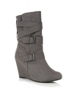Grey Buckle Wedge High Rise Boots