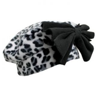 Luxury Divas Black & White Cheetah Animal Printed Fleece Beret Cap Hat With Bow