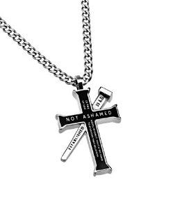 Christian Mens Black Stainless Steel Abstinence "Not Ashamed  Of The Gospel Of Christ, For It Is The Power Of God To Everyone That Believeth" Nail reads "Established 33 A.D.", and back reads "Romans 116". Iron Cross Purity Ne