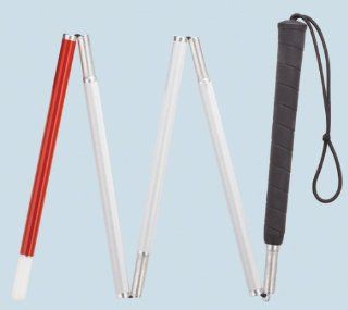 Walking Cane   Four section folding aluminum cane with black rubber grip handle and strap. White shaft is covered with reflector tape for night visibility. Available in even lengths only from 42" through 54". Replacement tip not available. Every