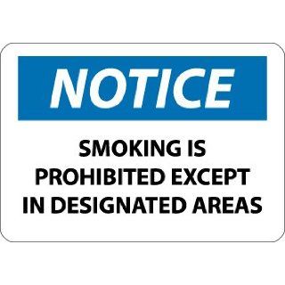NMC N155P OSHA Sign, Legend "NOTICE   SMOKING IS PROHIBITED EXCEPT IN DESIGNATED AREAS", 10" Length x 7" Height, Pressure Sensitive Vinyl, Black/Blue on White Industrial Warning Signs