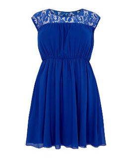Lovedrobe Blue Sleeveless Shirred Waist Lace Panel Dress