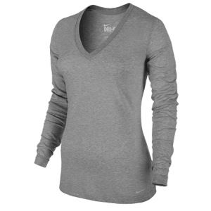 Nike Slim Dri Fit Cotton Longsleeve V Neck   Womens   Training   Clothing   Dark Grey Heather/Medium Grey