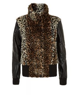 Parisian Black Faux Fur Leopard Print Leather Look Sleeve Jacket