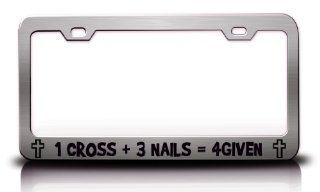 1 CROSS + 3 NAILS  4 GIVEN Religious Christian Steel Metal License Plate Frame Tag Holder Chrome Automotive