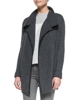 Womens Ribbed Layout Drape Cardigan with Leather Trim, Heather Gray   Vince  