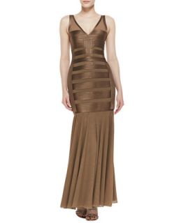 Womens Sleeveless Vertical/Horizontal Stripe Gown, Bronze   Halston Heritage  