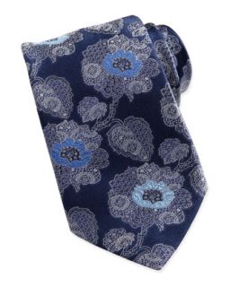 Mens Large Paisley Floral Silk Tie, Navy   Ermenegildo Zegna   Navy (LARGE )