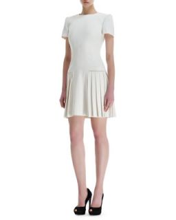 Womens Leaf Crepe Side Pleats Short Sleeve Dress   Alexander McQueen   White