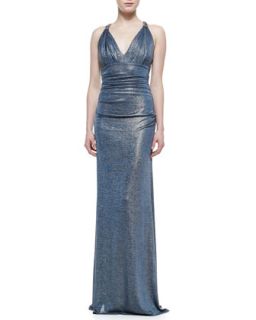 Womens Sleeveless Ruched Metallic Gown, Blue/Gold   David Meister   Blue/Gold