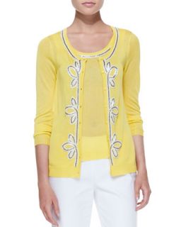 Womens Button Front Cardigan with Bead Trim, Yellow   Michael Simon   Yellow