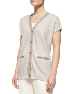 Womens Short Sleeve Linen Cardigan Sweater   Lafayette 148 New York   Khaki
