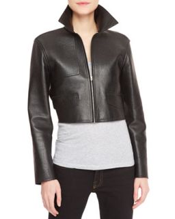 Womens Leather Front Knit Back Cropped Moto Jacket, Black/Gray   Alexander