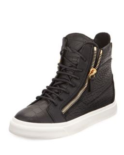 Croc Embossed Leather High Top Sneaker   Giuseppe Zanotti   Black (8 1/2B)