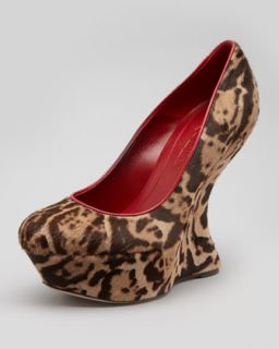 Armadillo Leopard Print Calf Hair Wedge Pump   Alexander McQueen   Beige/Red