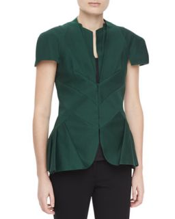 Womens Textured Short Sleeve Pleated Peplum Jacket   Zac Posen   Dark green (4)