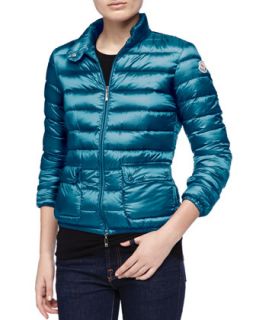 Womens Zip Up Puffer Jacket, Turquoise   Moncler   Turquoise (LARGE)