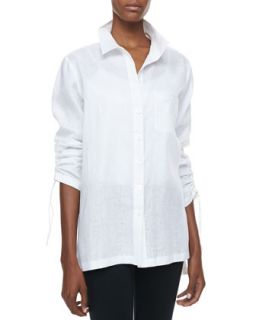 Womens Linen Ruched Sleeve Big Shirt   Go Silk   White (SMALL (4/6))