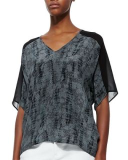 Womens Lace Print V Neck Silk Top   Eileen Fisher   Charcoal (MEDIUM (10/12))