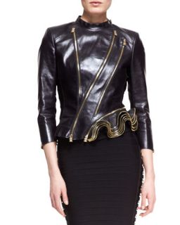 Womens Leather Double Zip Metal Trim Jacket   Herve Leger   Black (X SMALL)