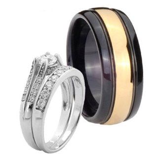 3 pcs His Hers 14K Gold IP Black Edges Tungsten Dome & Silver 925 1.5CT Round CZ Ring Set Sz 5, 10 Jewelry