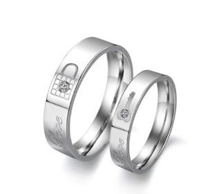 His & Hers Matching Set 5MM / 4MM KEY AND LOCK Korean Style Titanium Couple Wedding Band Set (Available Sizes 5# to 10#) (Hers, 5) Jewelry