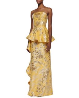 Womens Strapless Side Flounce Brocade Gown   Christian Siriano   Yellow/Silver