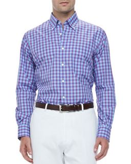 Mens Harwich Port Check Long Sleeve Sport Shirt, Purple   Peter Millar  